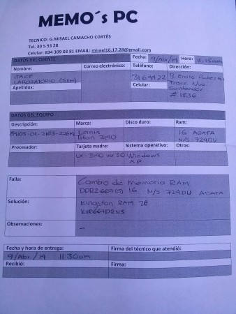 bitácora de soporte de equipo de computo (practica de la instalación de una memoria RAM)